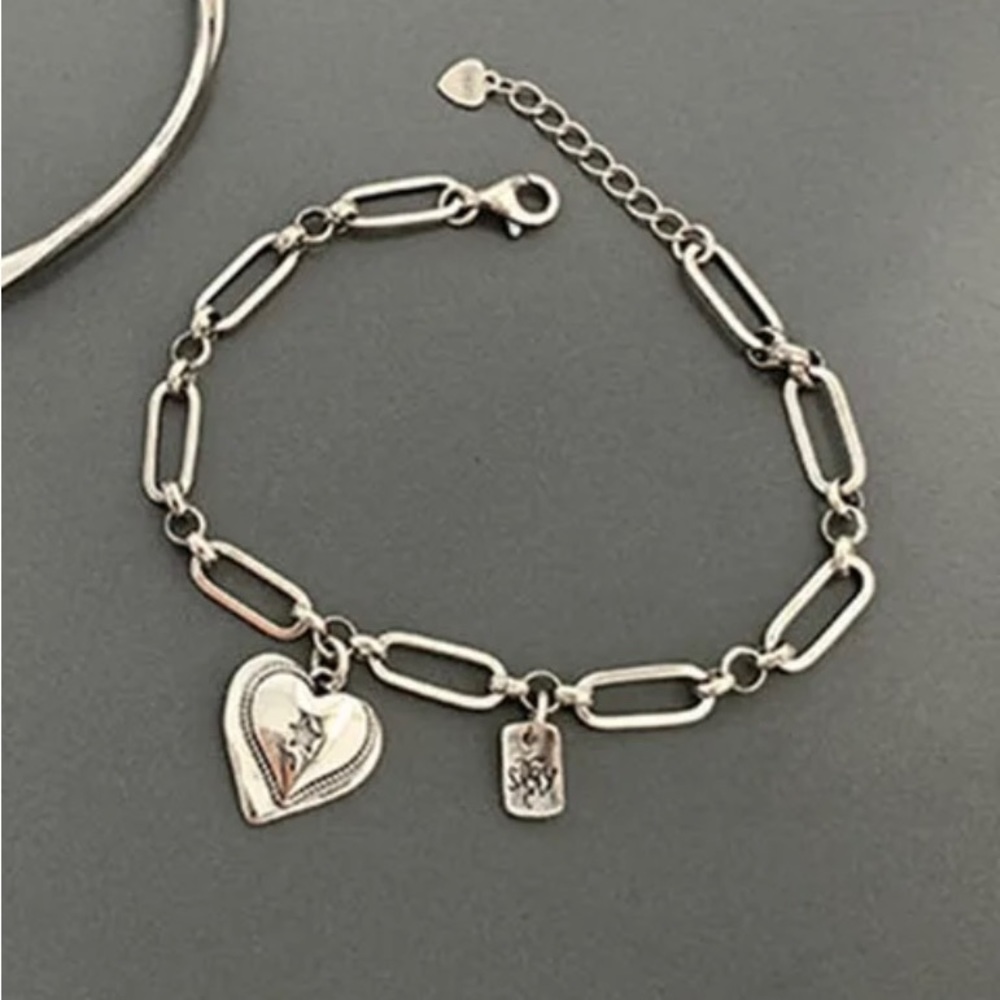925 Sterling Silver Paper Clip Chain with Dangling Heart